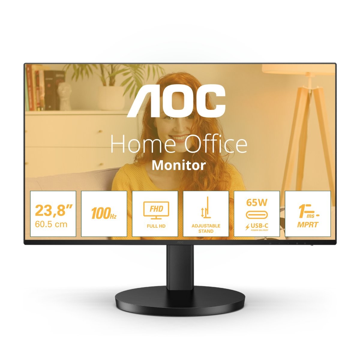 AOC 24B3CF2 24 Zoll Full HD Monitor, Lautsprecher, höhenverstellbar (1920x1080, 100 Hz, HDMI, USB-C (65W PD), USB Hub) schwarz