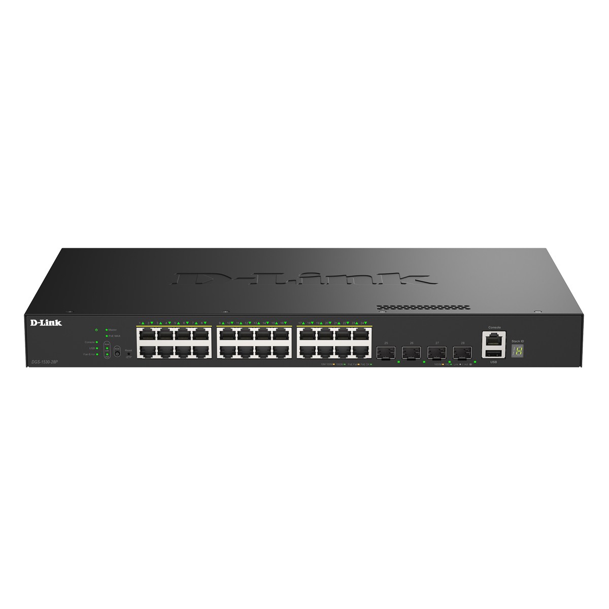 D-Link DGS-1530-28P Smart Managed Switch 24x Gigabit Ethernet (PoE+, max. 370 W), 4x 10G SFP+, 1x USB 2.0, 1x Konsolen-Port