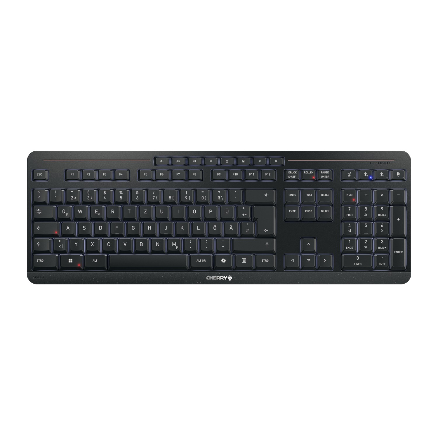 Cherry Stream Ultimate, Kabellose Tastatur 2x Bluetooth®-5.2-Kanäle, 2,4-GHz-Funk und USB, 8 Office- und Medientasten, CHERRY SX