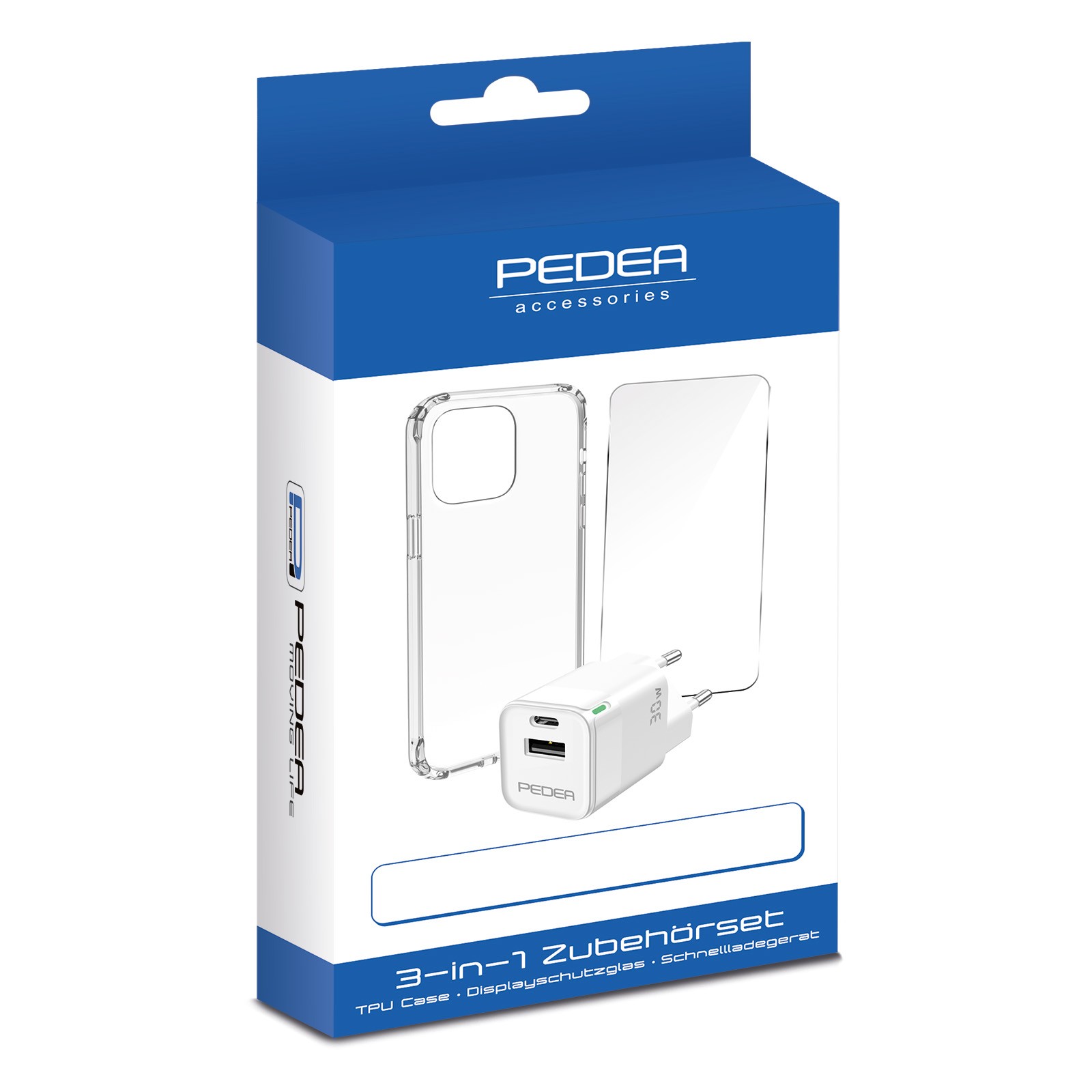 PEDEA All-in-One Set für das iPhone 14 Pro inkl. TPU Case, Schutzglas und 30 Watt Reiselader, transparent