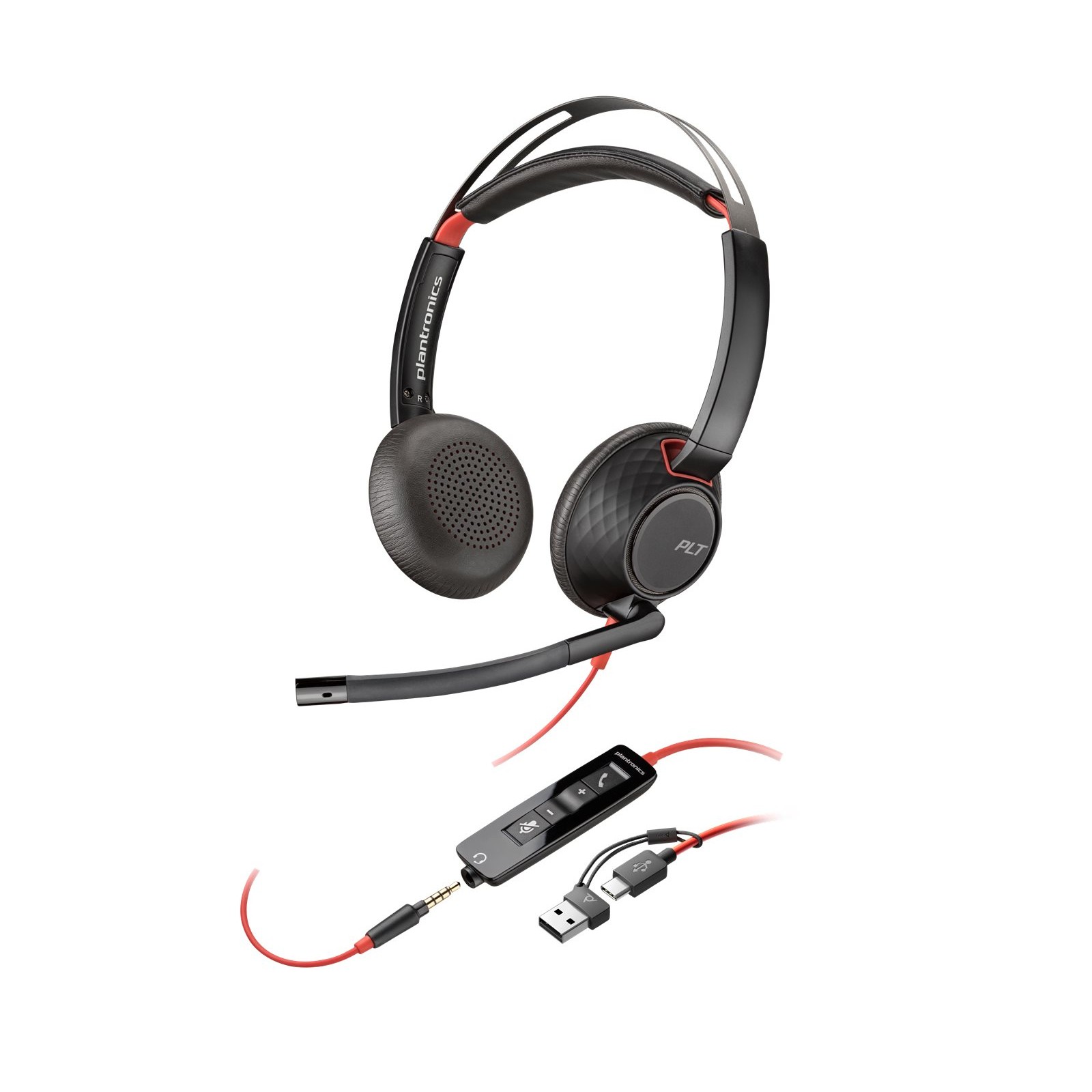 Poly Blackwire 5220 Stereo-Headset, USB-C-Anschluss incl. USB-A-Adapter und 3,5mm Klinkenanschluss