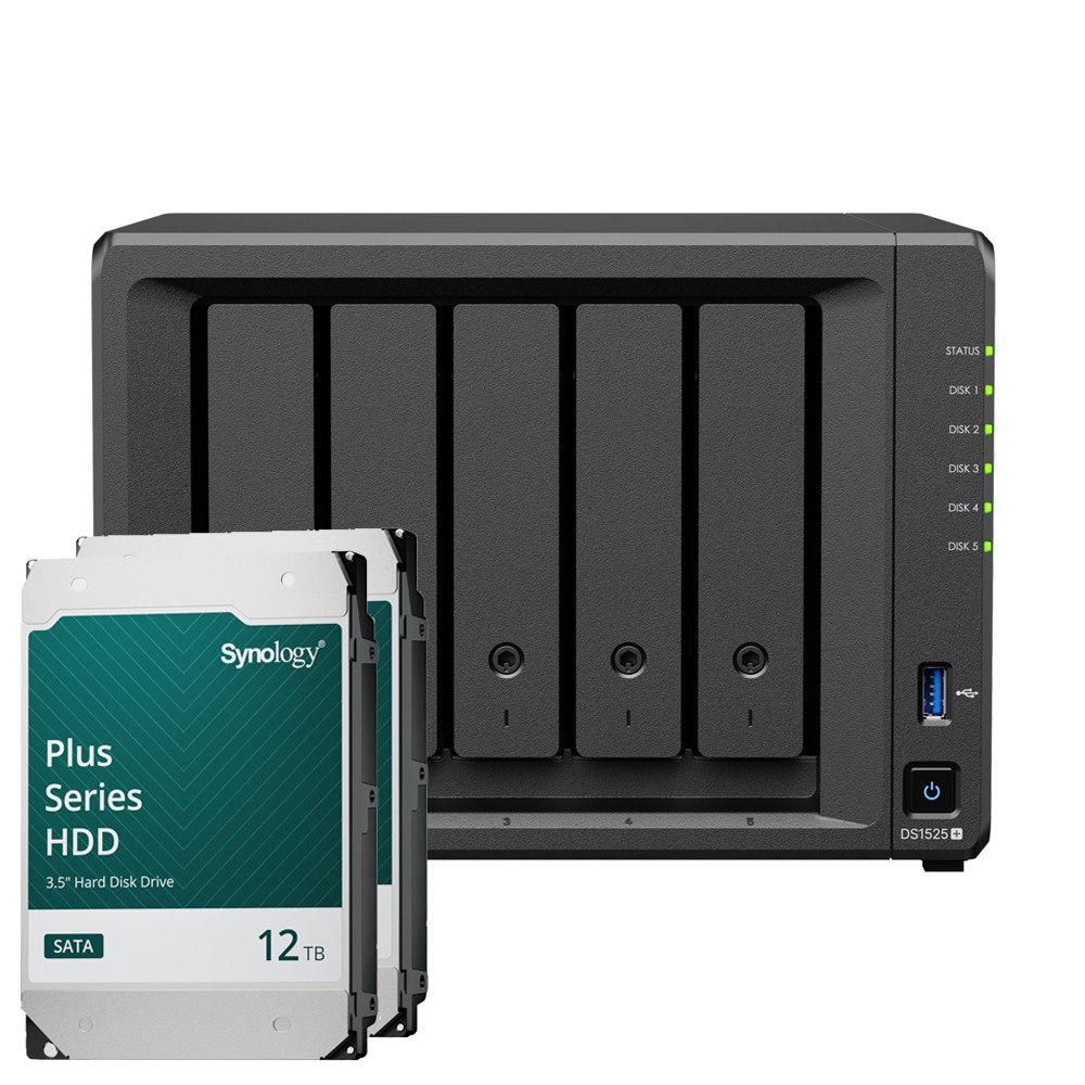 Synology DS1525+ 24TB Plus HDD NAS-Bundle NAS inkl. 2x 12TB Synology Plus 3.5 Zoll SATA Festplatte