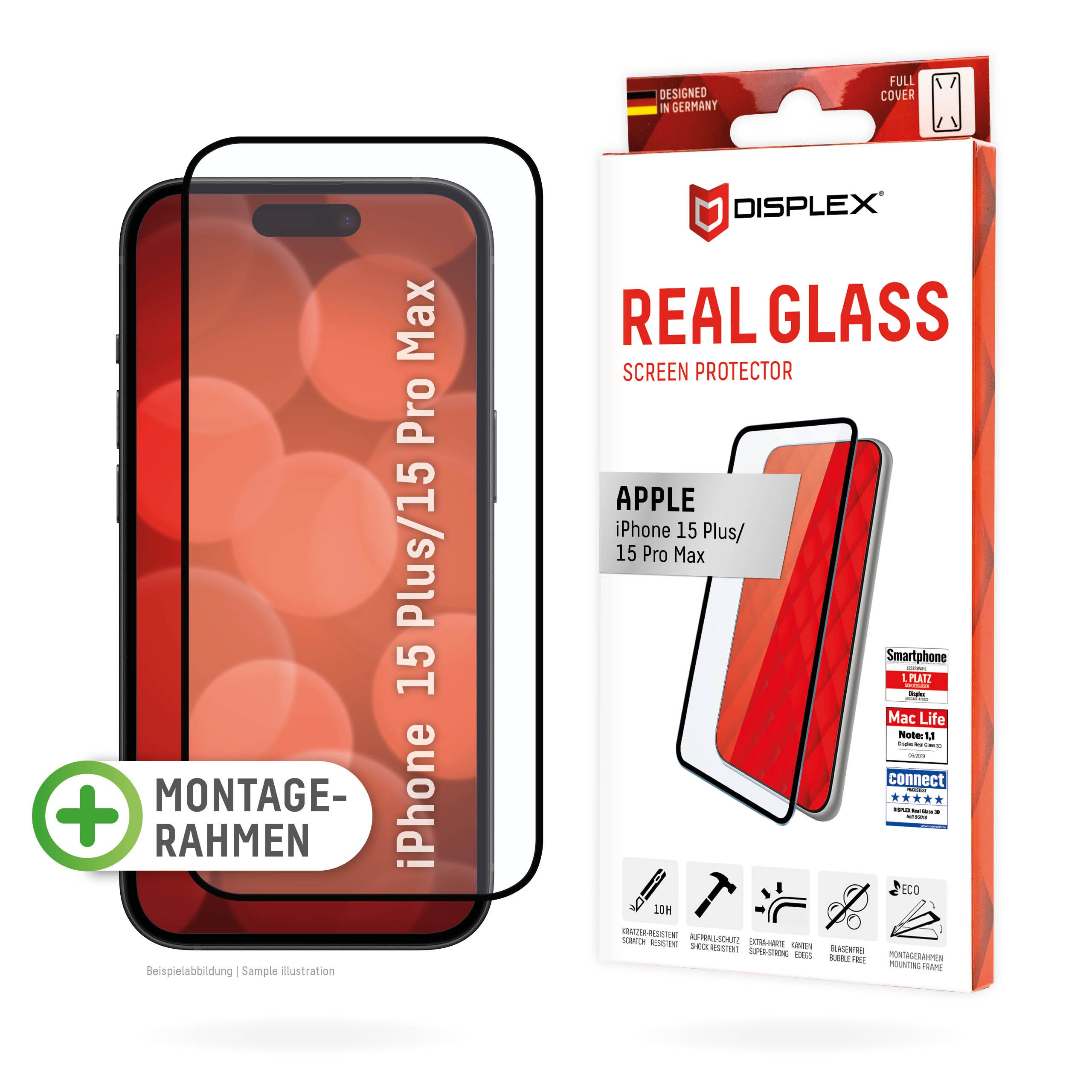 Displex Full Cover Schutzglas für Iphone 15 Pro Max/15 Plus Eco-Montagerahmen, volle Displayabdeckung, Tempered Glas, kratzer-re