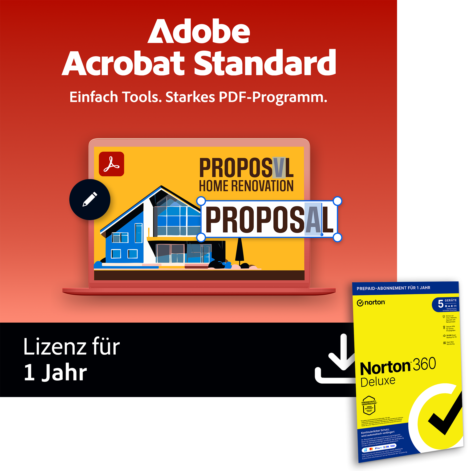 Adobe Acrobat Standard | 1 Jahr | Win/Mac inkl. Norton 360 Deluxe | 12 Monate | 5 Geräte