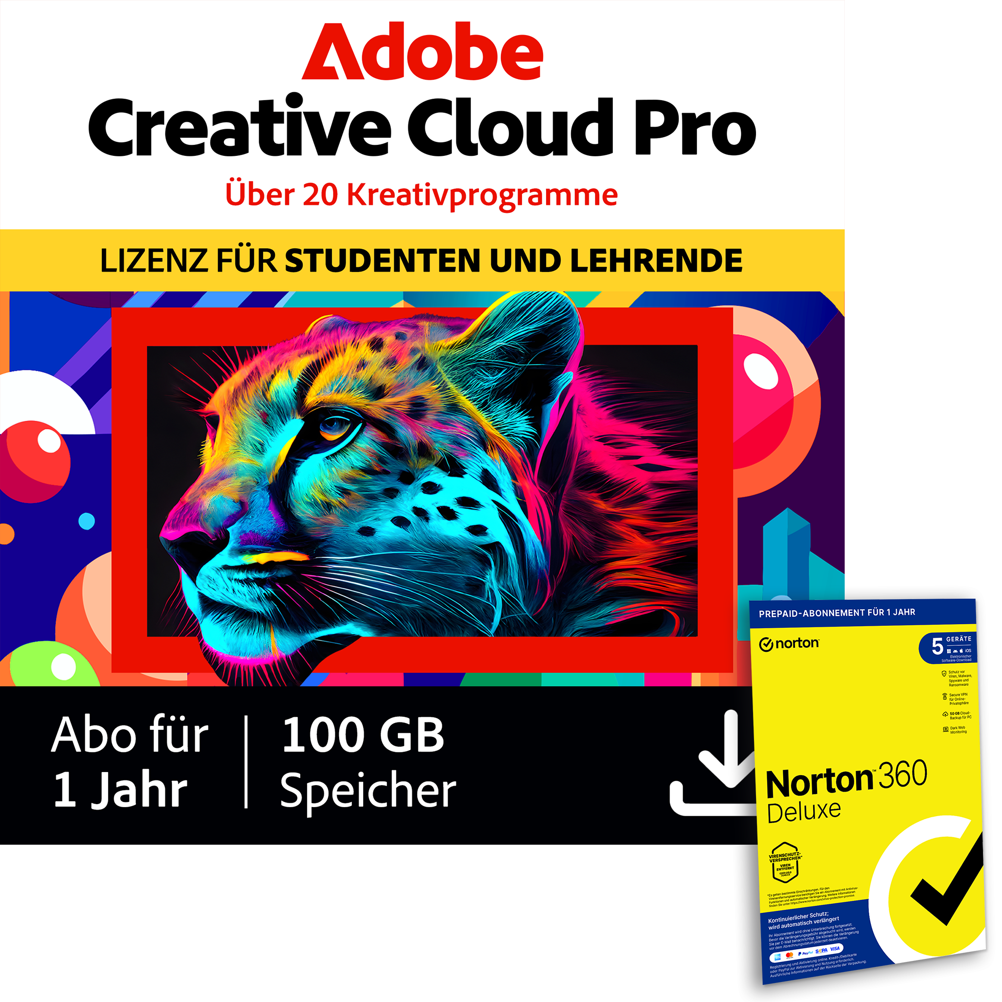 Adobe Creative Cloud Pro STE | 1 Jahr | 100GB | PC/Mac inkl. Norton 360 Deluxe | 12 Monate | 5 Geräte