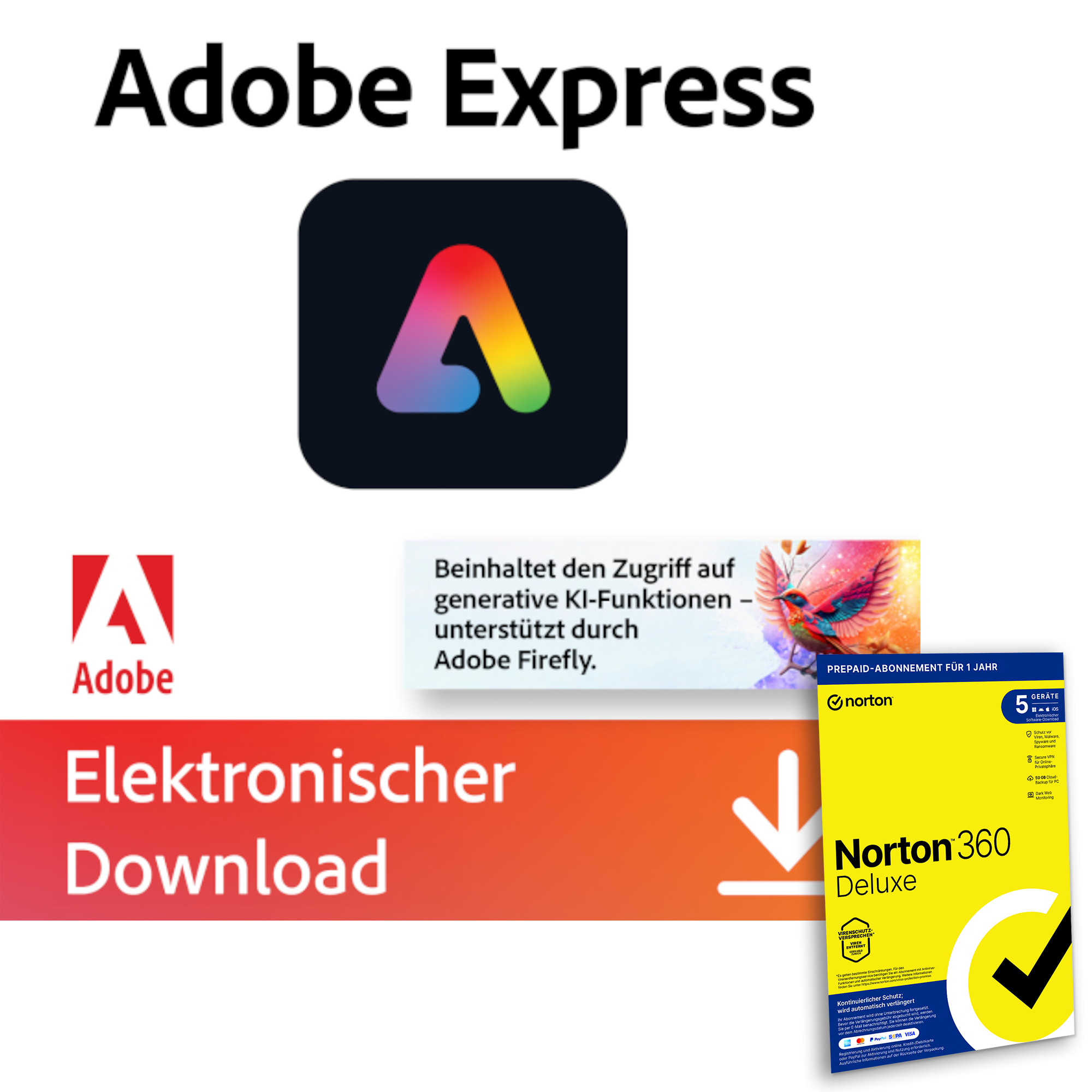 Adobe Express Premium | 1 Jahr | 100GB | Web/iOS/Android inkl. Norton 360 Deluxe | 12 Monate | 5 Geräte