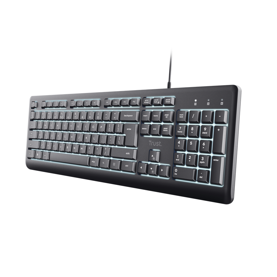 Trust Primo Illuminated Keyboard, Kabelgebunden, USB-A/-C Beleuchtete Tastatur für bequemes und komfortables Tippen bei Tag und 