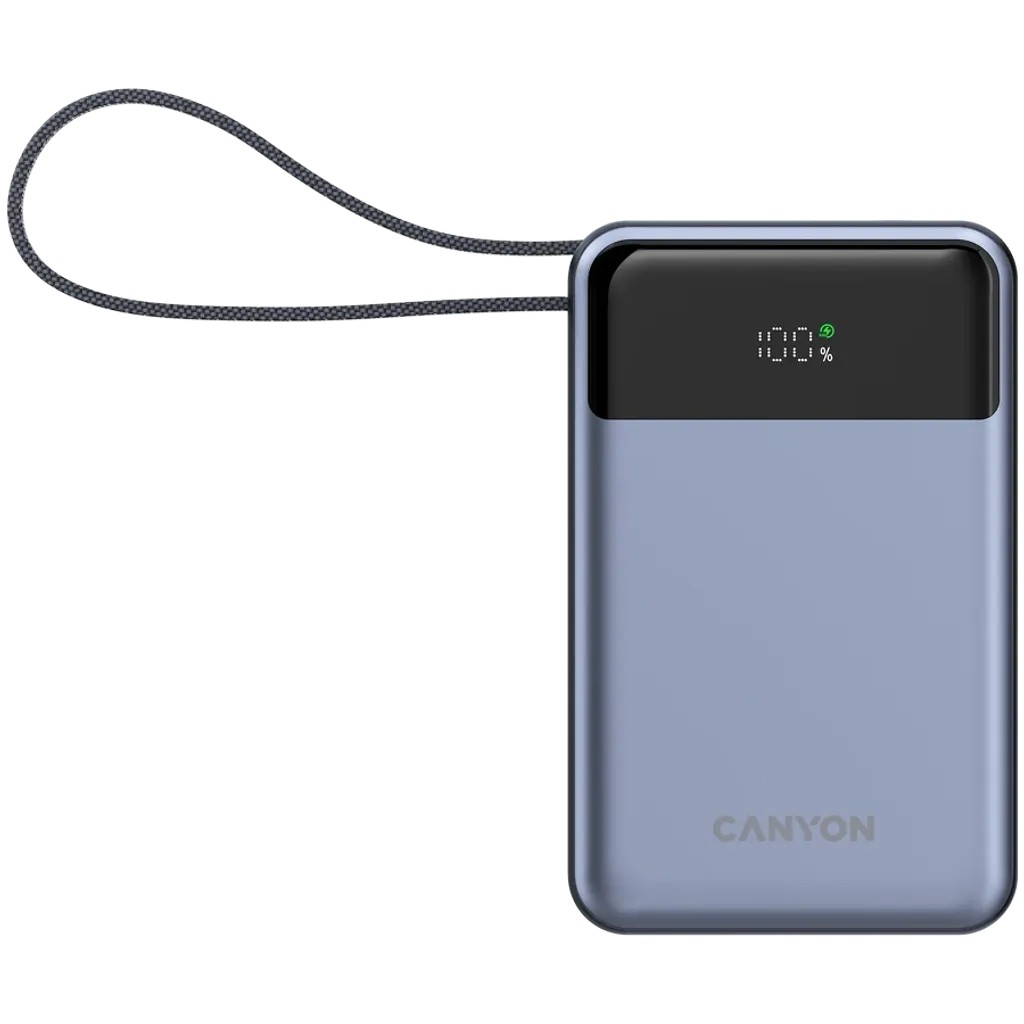 CANYON Powerbank OnPower PB-600, 65W Fast Charge Ultrakompaktes 20.000mAh Modell, Integriertes 65 W USB-C-Kabel, Display