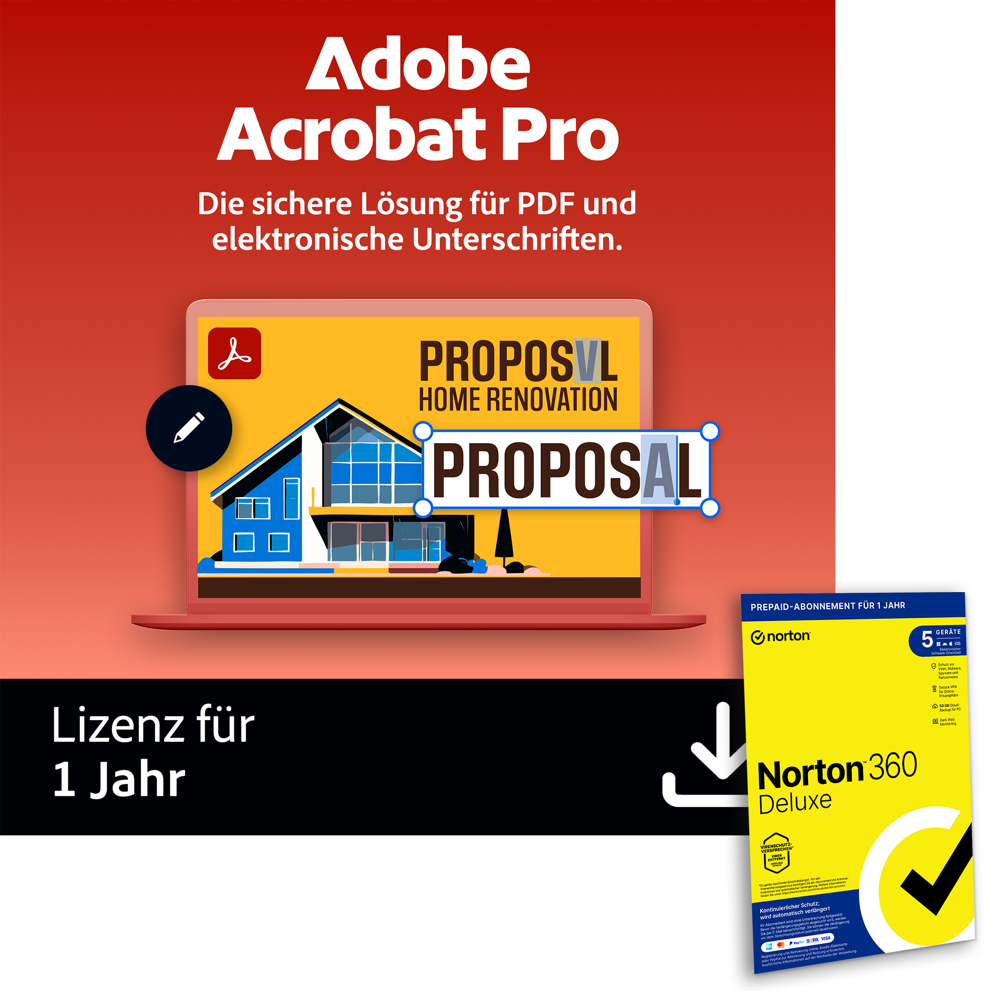 Adobe Acrobat Pro |1 Jahr | PC/Mac inkl. Norton 360 Deluxe | 12 Monate | 5 Geräte