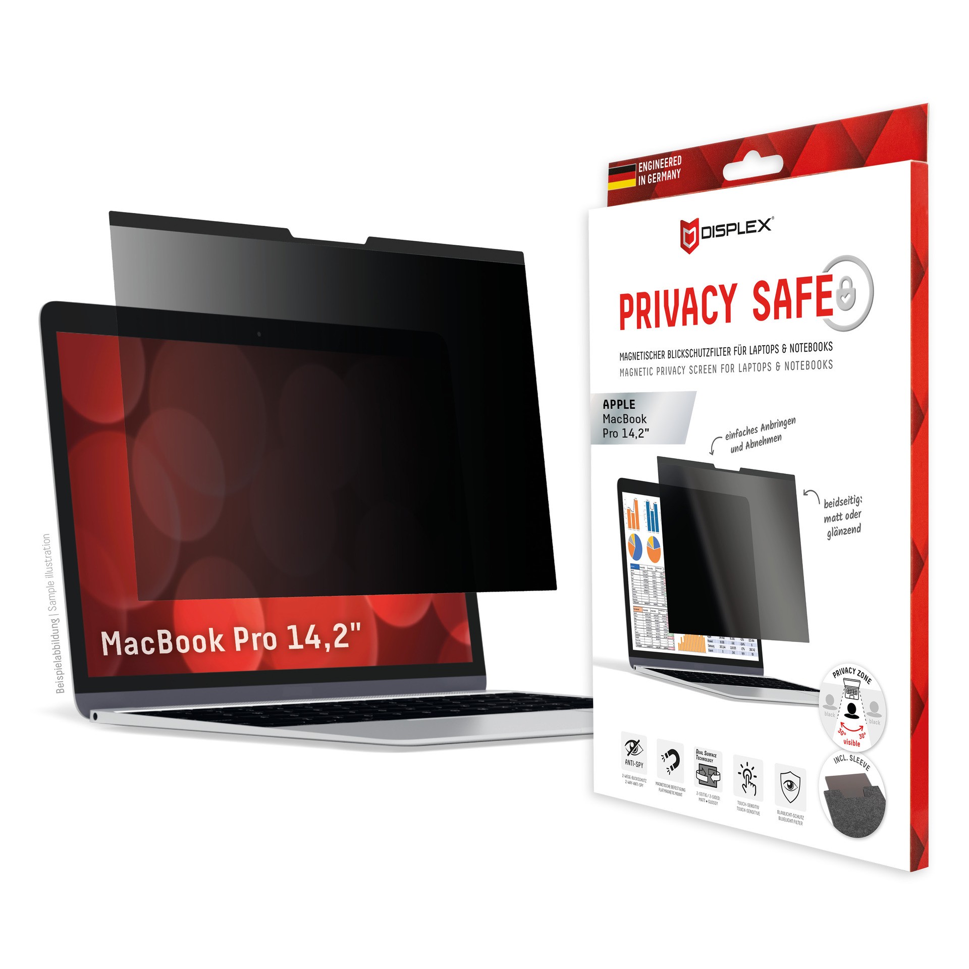 DISPLEX Privacy Safe Blickschutzfilter für MacBook Pro 14,2", Anti-Reflex, Bluelight-Filter, Magnetische Befestigung