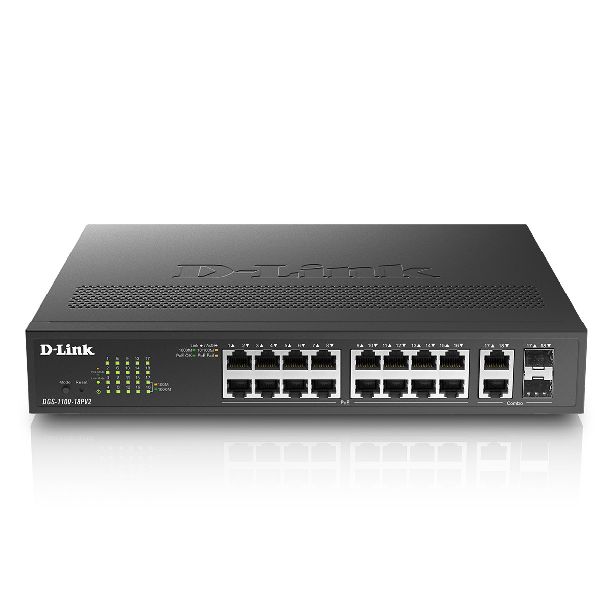 D-Link DGS-1100-18PV2 Smart Managed Switch 16x Gigabit Ethernet, 2x ComboGE/SFP, Desktop/19"-Rackmontage