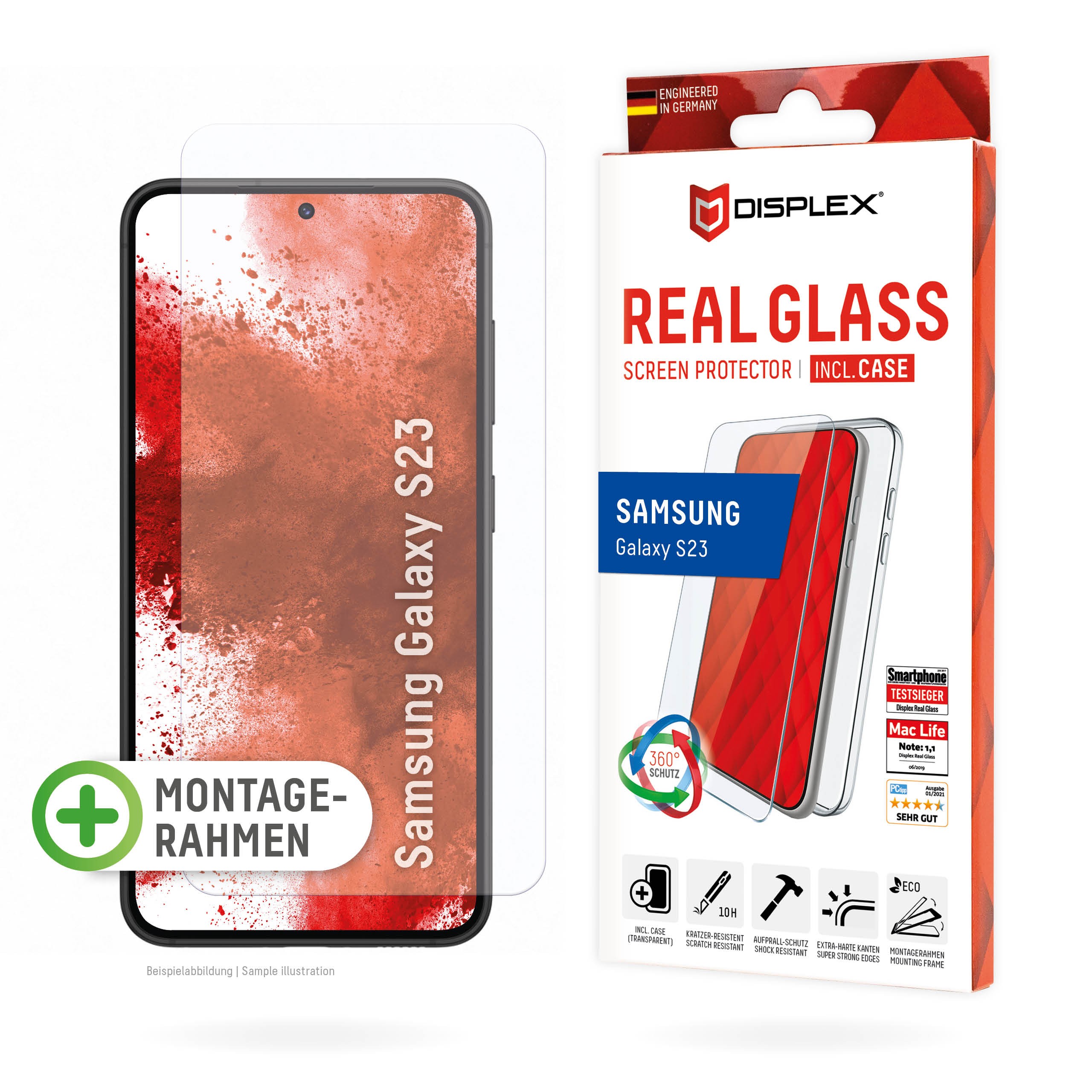 DISPLEX Panzerglas (10H) + Schutzhülle für Samsung Galaxy S23, Schutzhülle, Eco-Montagerahmen, kratzer-resistente Glasschutzfoli