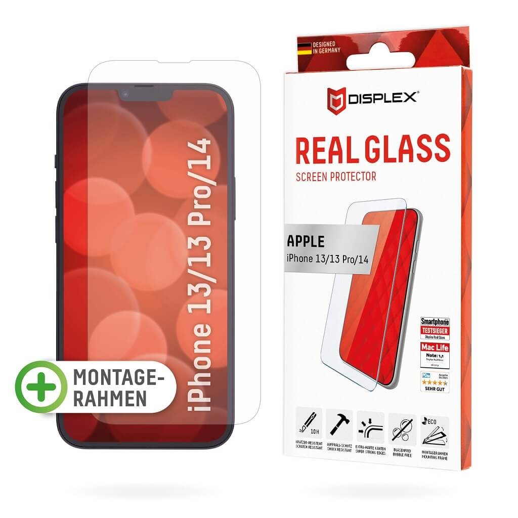 DISPLEX Panzerglas 2D/ Clear (10H) für iPhone 13/13 Pro/14/16e Eco-Montagerahmen, Tempered Glas, kratzer-resistente Schutzfolie,