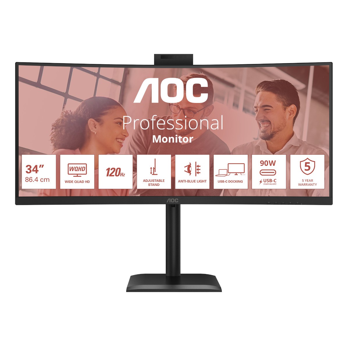 AOC CU34E4CW Curved Office Monitor 34 Zoll WQHD , höhenverstellbar, Lautsprecher, Webcam, schwarz