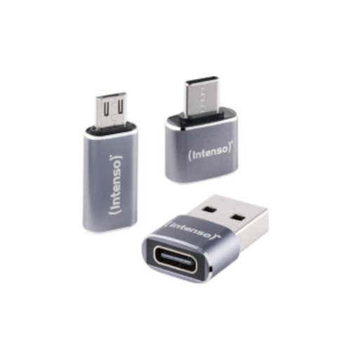 Intenso 3er Pack USB Adapter MIX480, Aluminium grau USB-C Buchse zu microUSB Stecker, USB-C Buchse zu USB-A Stecker, USB-C Buchs