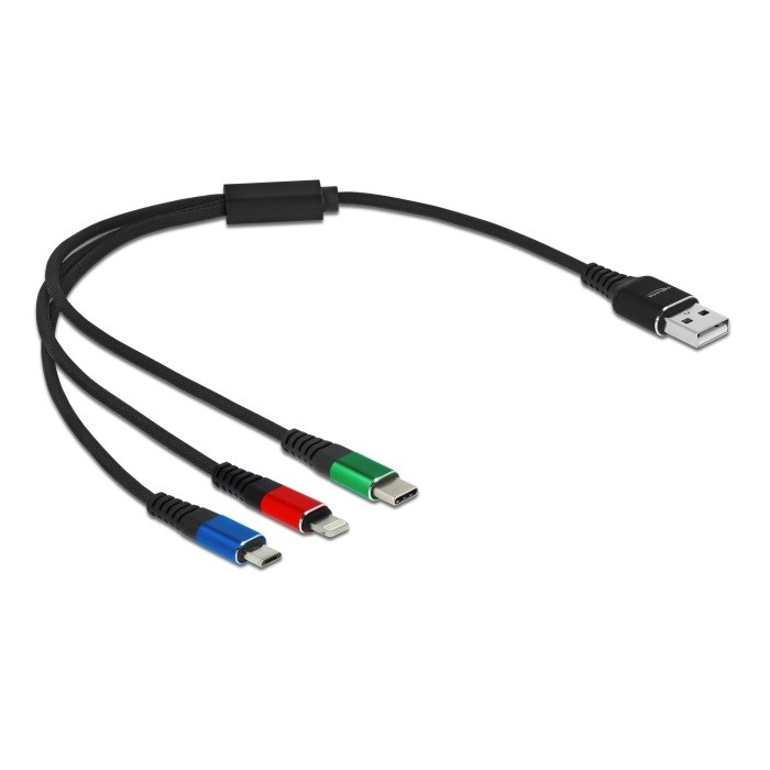 Delock USB Ladekabel 3 in 1 Typ-A zu Lightning™ / Micro USB / USB Type-C™ 30 cm 3-farbig