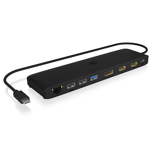 Icy Box USB Type-C DockingStation mit dreifacher Videoausgabe 4x USB-A-, 1x USB-C-PD-, 1x RJ45 Netzwerk-Anschluss, microSD- und 
