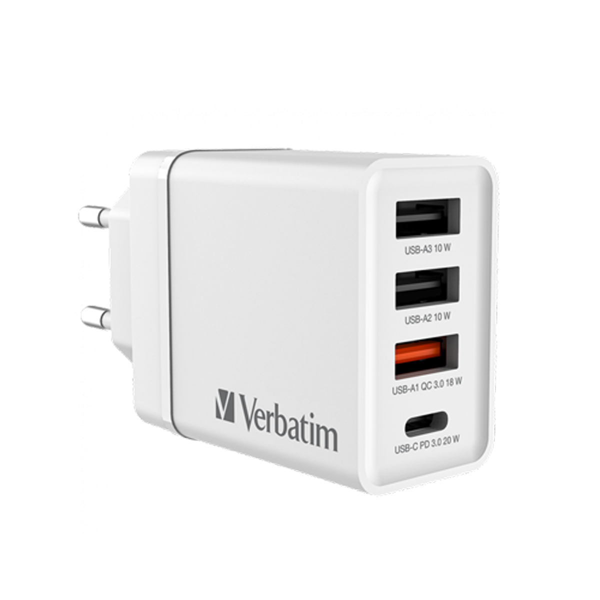 VERBATIM CHR-30EU2 30 W USB Netzladegerät mit 4 Anschlüssen 1 x USB-C® PD 20 W / 1 x USB-A QC 3.0 / 2 x USB-A 10W, weiß