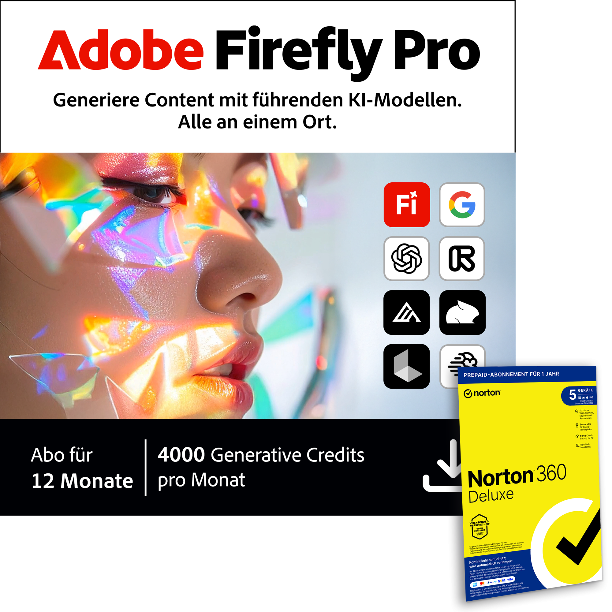 Adobe Firefly Pro | 12 Monate inkl. Norton 360 Deluxe 5 Device