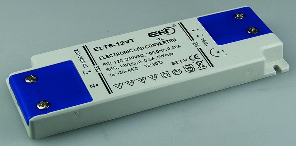 elektronischer LED-Trafo 0,5-6 Watt, Ein 220-240V, Aus 12V, Super SlimLine