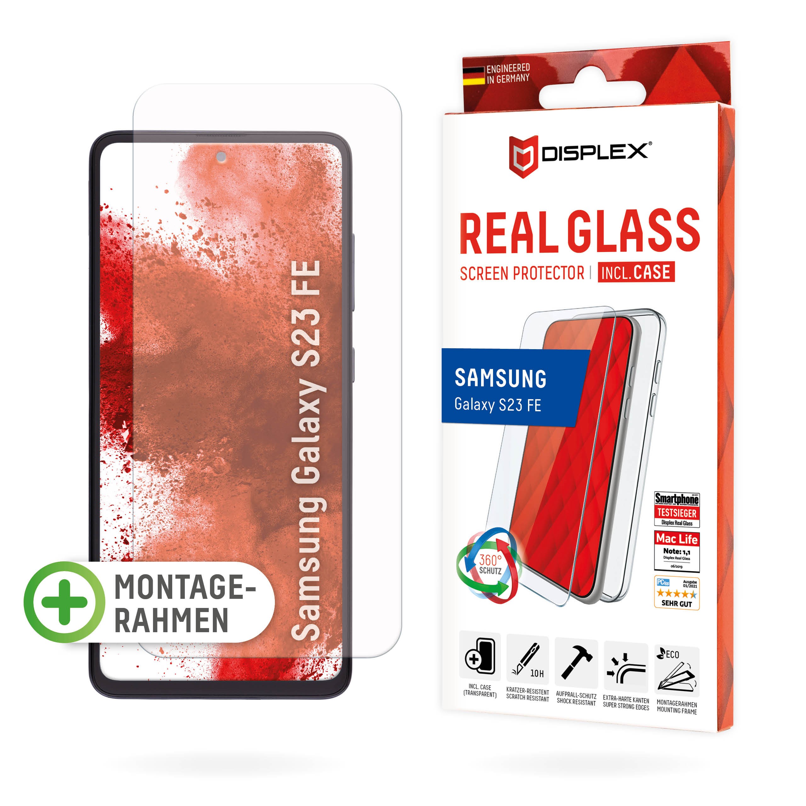 DISPLEX Panzerglas (10H) + Schutzhülle für Samsung Galaxy S23 FE Eco-Montagerahmen, + Case, Tempered Glas, kratzer-resistente Sc