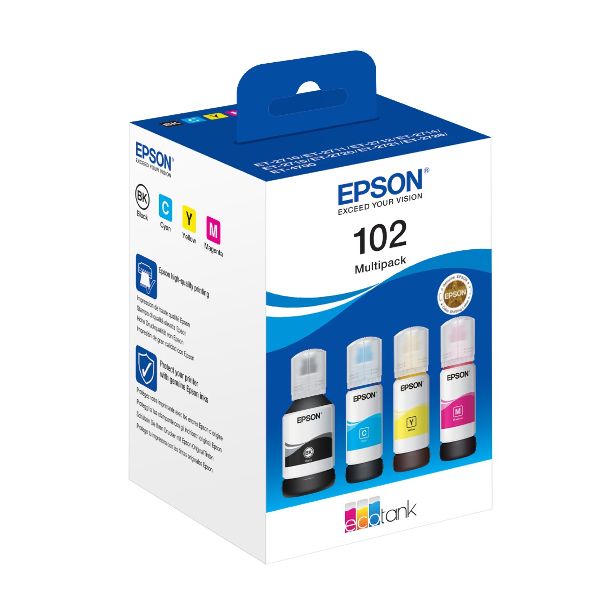 Epson 102 EcoTank-Tintenflaschen 4er-Pack 4x Farben Für Kompatibilität, siehe Artikel-Beschreibung | 4x Tintenflaschen: Schwarz,