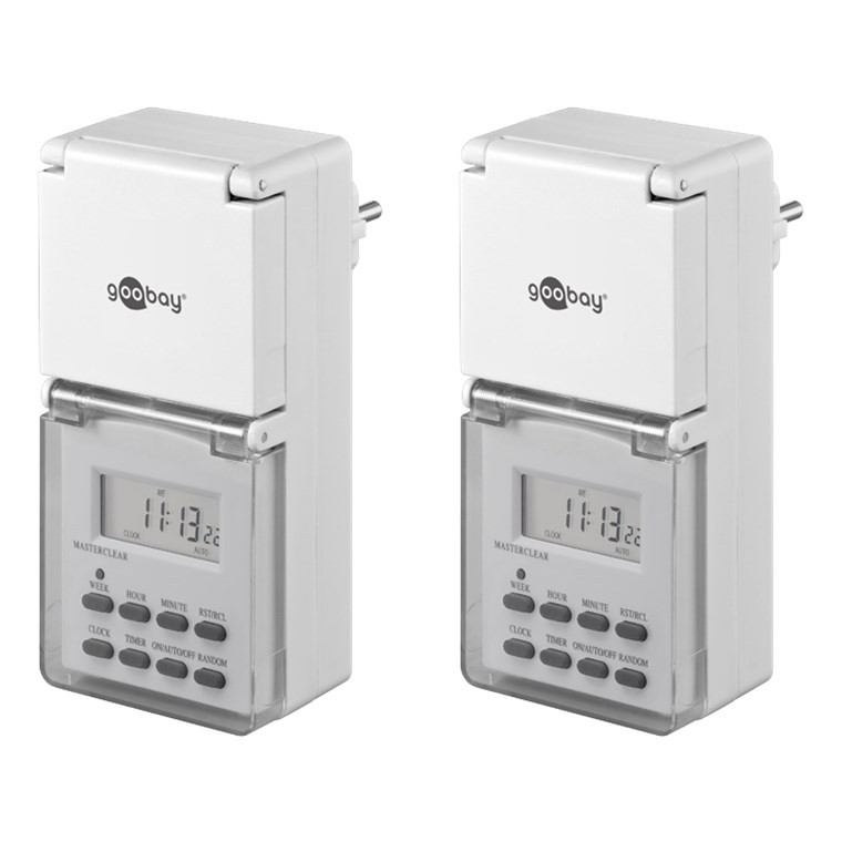 Goobay 2er-Set, Digitale Zeitschaltuhr IP44 für den Außenbereich Timer für Steckdose ermöglicht das Einstellen von bis zu 10 Sch