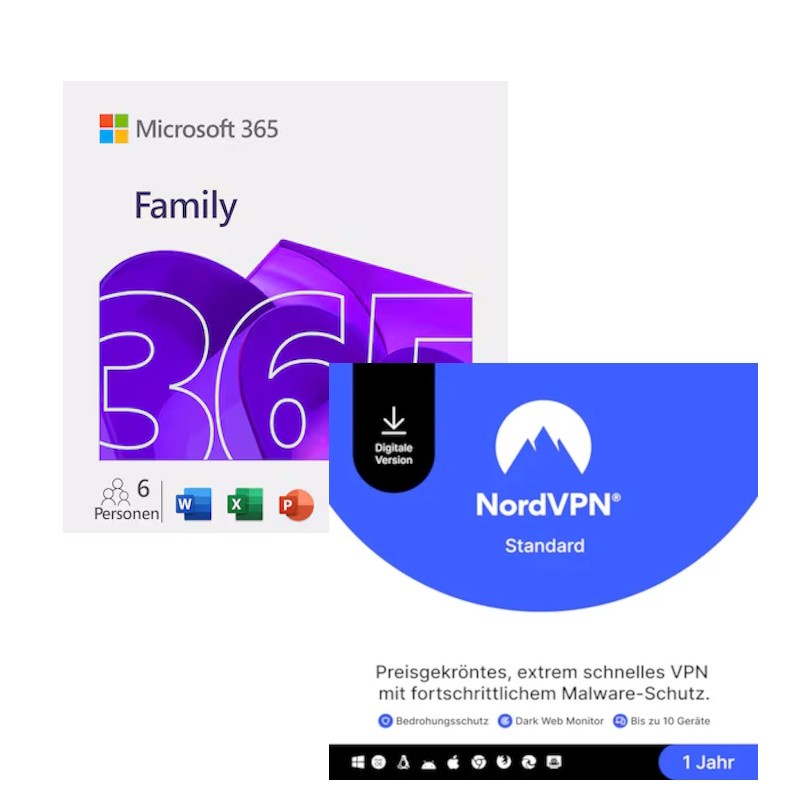 Microsoft 365 Family [6 User] + NordVPN Standard [10 Geräte] - mit Word, Excel, PowerPoint, OneNote, Outlook, Access und VPN