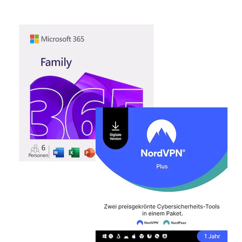 Microsoft 365 Family [6 User] + NordVPN Plus [10 Geräte] - mit Word, Excel, PowerPoint, OneNote, Outlook, Access und VPN + Passw