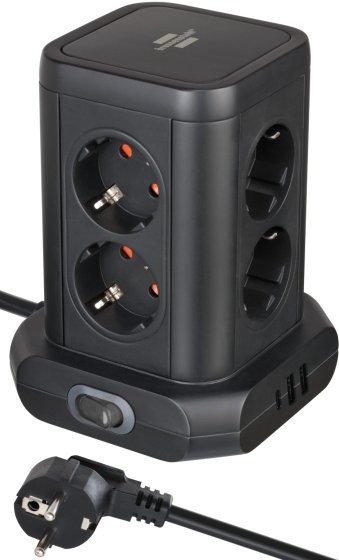Brennenstuhl Steckdosenturm 8-fach mit Steckdosen 45°-Anordnung 2x USB A & 1x USB C Power Delivery, mit 2m Kabel, zweipoliger Sc