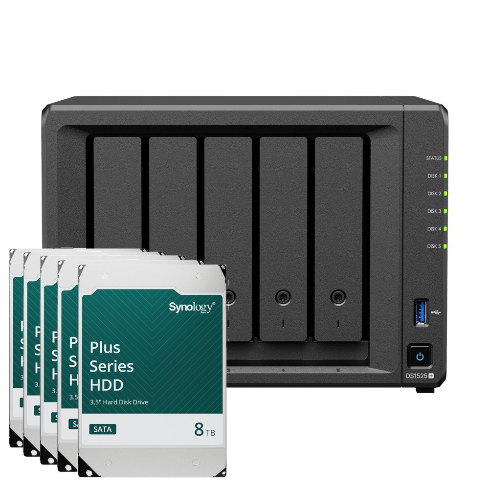 Synology DS1525+ 40TB Plus HDD NAS-Bundle NAS inkl. 5x 8TB Synology Plus 3.5 Zoll SATA Festplatte