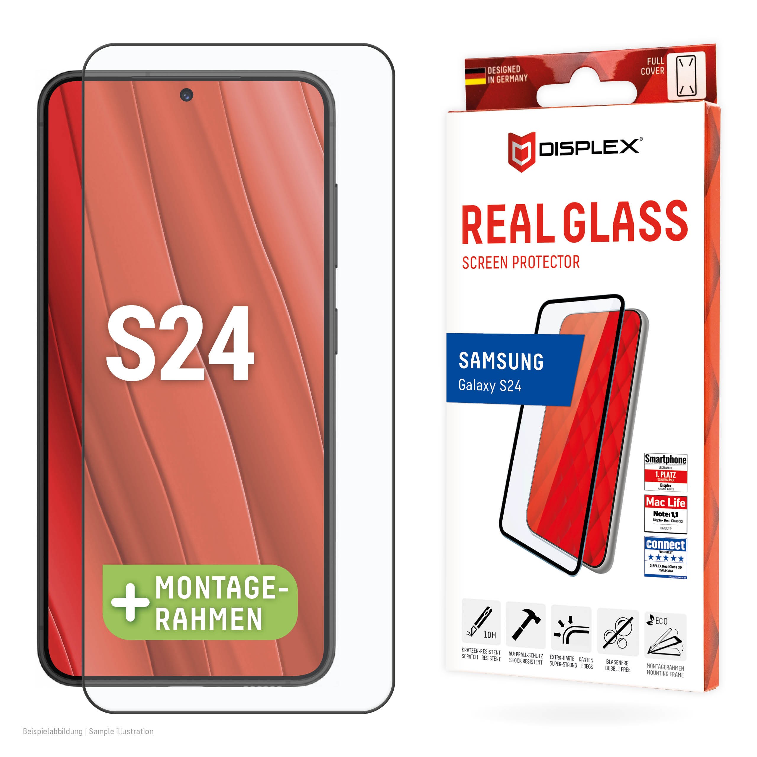 DISPLEX Full Cover Panzerglas (10H) für Samsung Galaxy S24 Eco-Montagerahmen, volle Displayabdeckung, Tempered Glas, kratzer-res