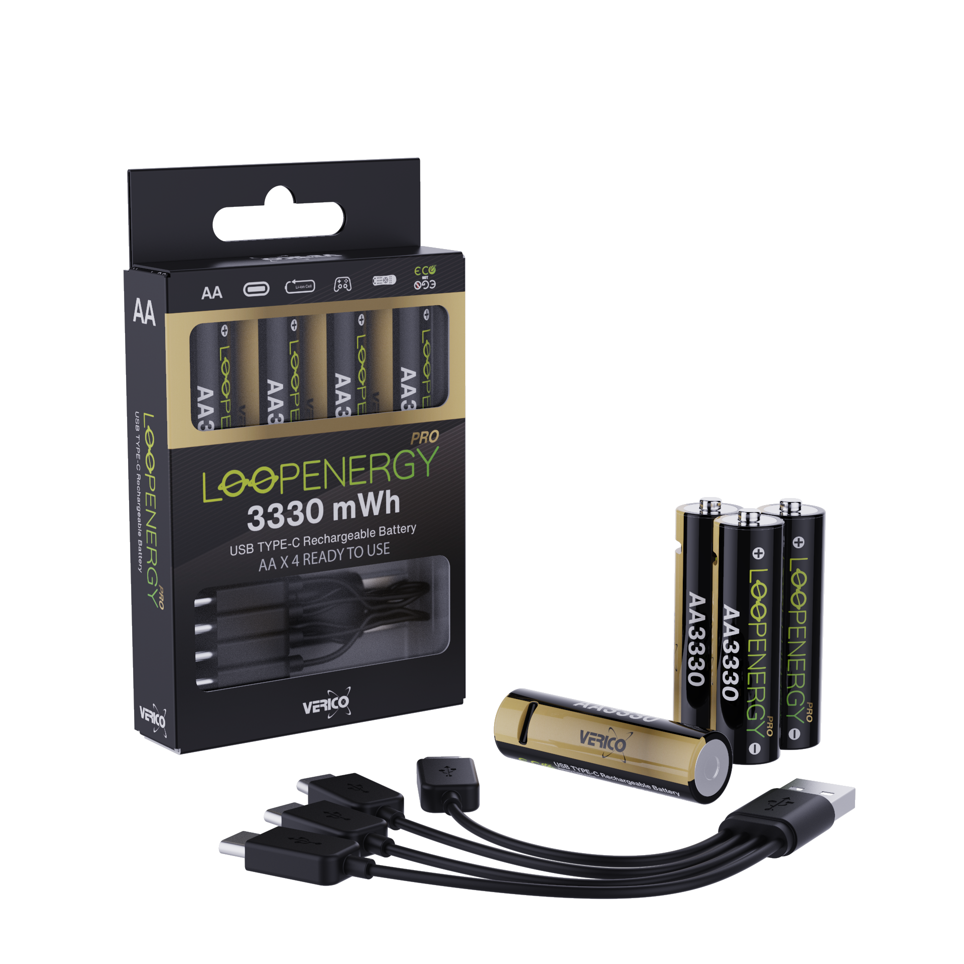 VERICO LoopEnergy 4-Pack AA PRO - Wiederaufladbare USB-C Batterie AA 1,5V 3330mWh (2220mAh) Li-Ion, USB-C, 4er Pack AA, 1 Kabel 
