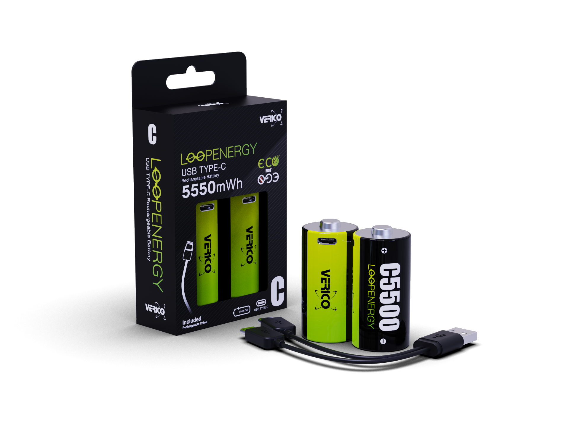 VERICO LoopEnergy Baby C 2er Pack 5500mWh / 3700 mAh, USB Type-C wiederaufladbare Batterie, Li-Ion, enthält 1 Type A zu 2 Type C