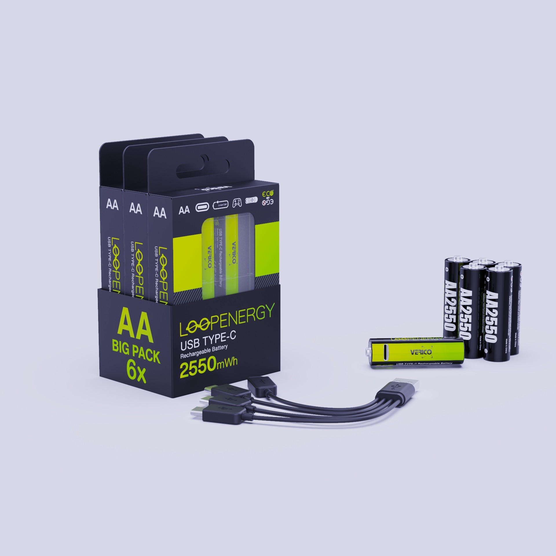 VERICO LoopEnergy 6-Pack AA - Wiederaufladbare USB-C Batterie AA 1,5V 2550mWh (1700mAh) Li-Ion, USB-C, 3x2er Pack AA, 3 Kabel US