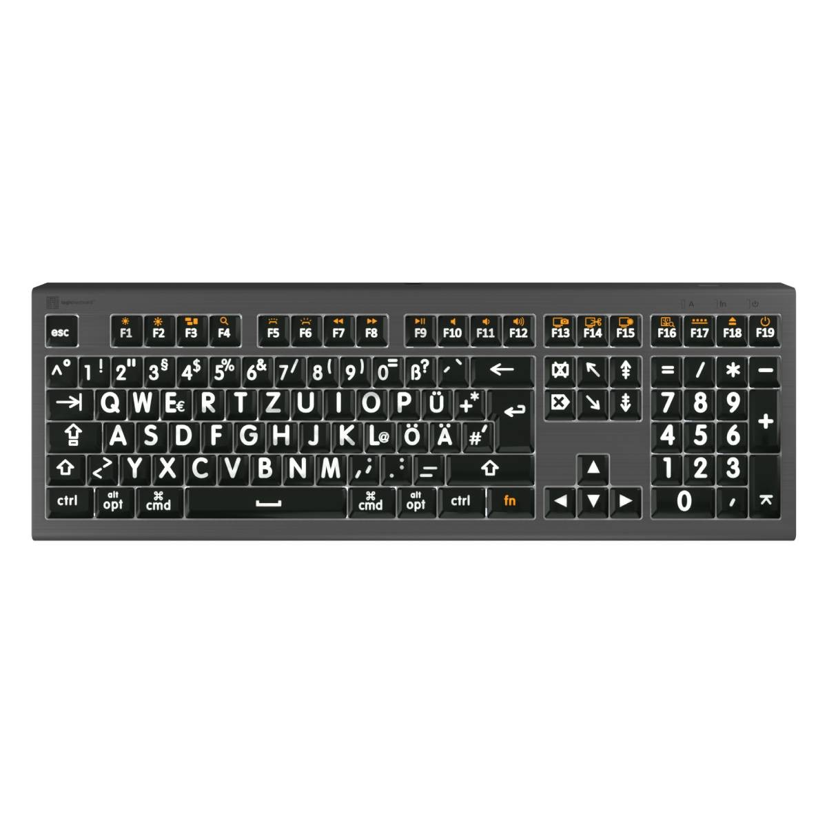 LogicKeyboard Mac Astra 2 Großdruck-Tastatur DE Hintergrundbeleuchtung, Weiß auf Schwarz