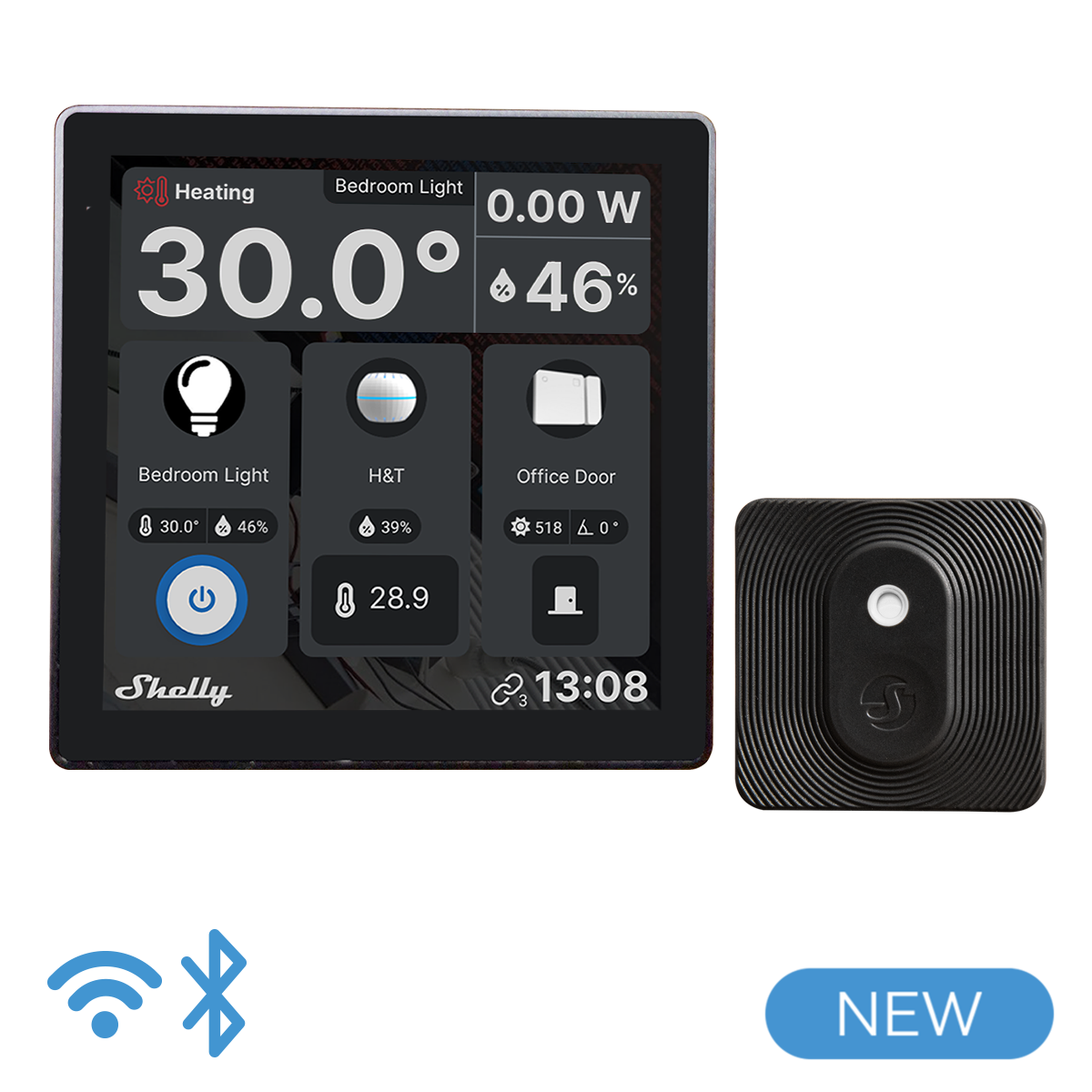 Shelly Wall Display Black + BLU H&T Black Ein smartes Bedienfeld mit integriertem 5-A-Schalter und Farbdisplay + Blu H&T