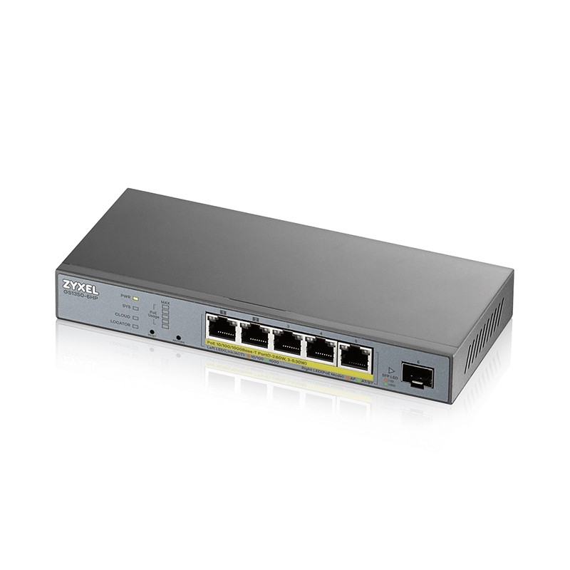 Zyxel GS1350-6HP Smart Managed Switch 5x Gigabit Ethernet (3x PoE+/2x PoE++ max. 60 Watt), 1x SFP, Long Range, inkl. 1 Jahr Nebu
