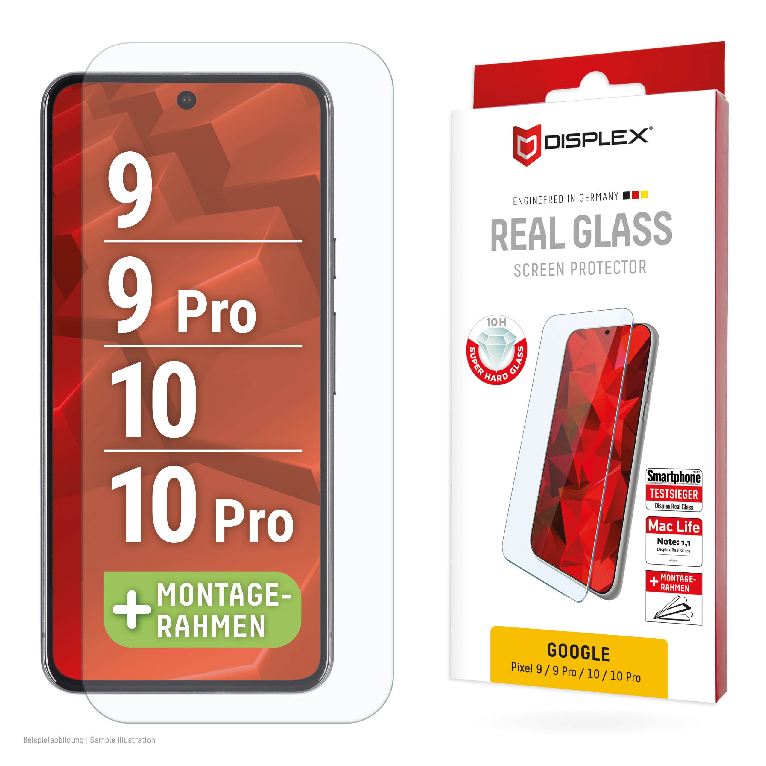 DISPLEX Panzerglas Clear(10H) für Google Pixel 9/9 Pro/10/10 Pro Eco-Montagerahmen, Tempered Glas, kratzer-resistente Schutzfoli