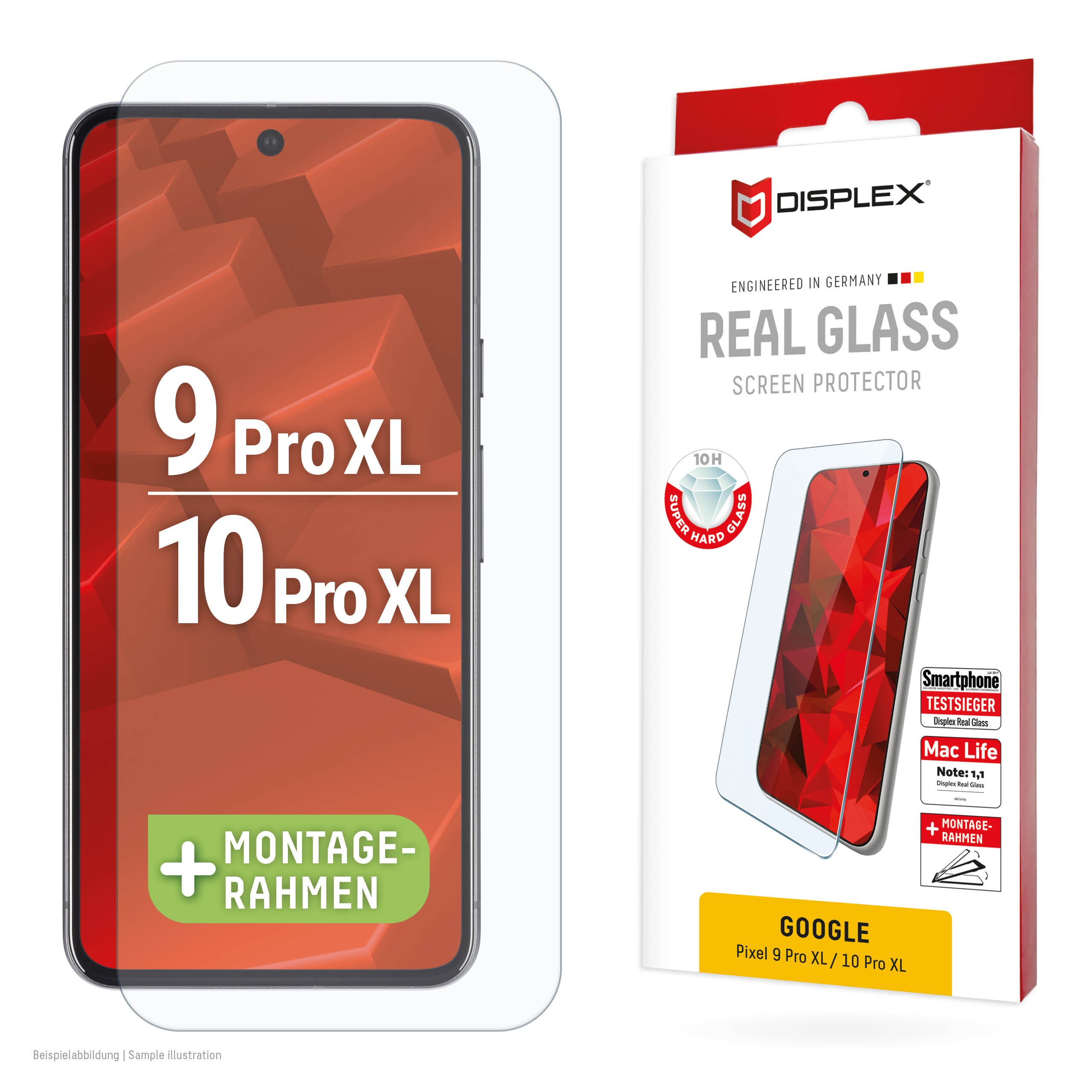DISPLEX Panzerglas (10H) für Google Pixel 9 Pro XL/10 Pro XL Eco-Montagerahmen, Tempered Glas, kratzer-resistente Schutzfolie, h